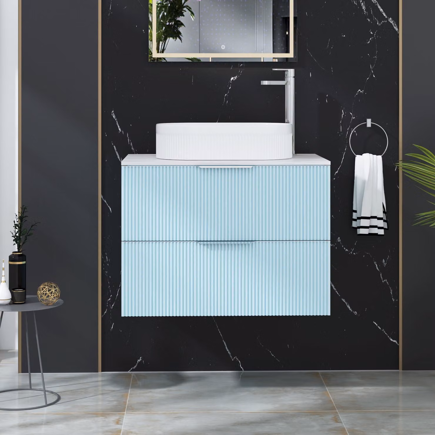 Royal Bathrooms Evora Powder Blue Fluted Wall Hung Vanity Unit with 2 Drawers and Lyon Basin
