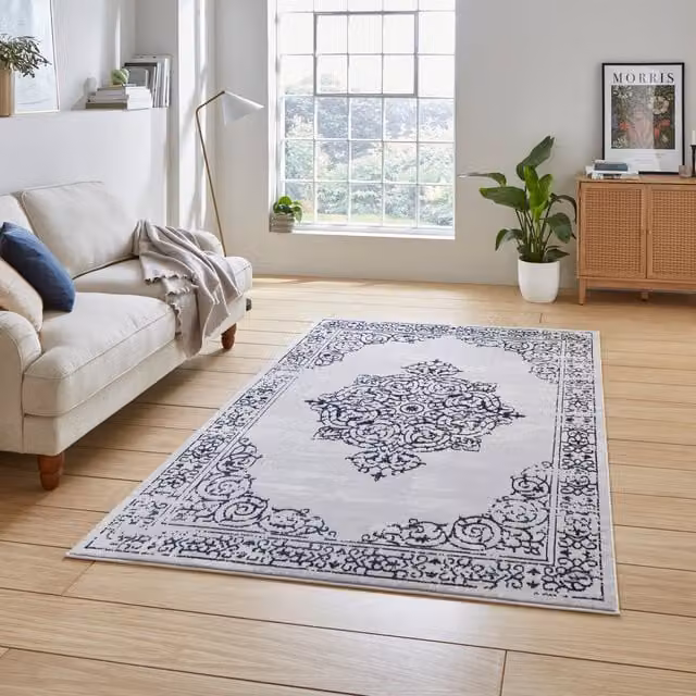 Terrys Blue and Silver Rectangular Ornament Rug with Metallic Effect Yarn