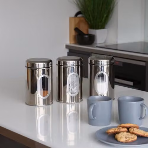 Harbour Housewares 3 Piece Stainless Steel Tea Coffee Sugar Canister Set in Silver with Airtight Lids and Transparent Windows – 3
