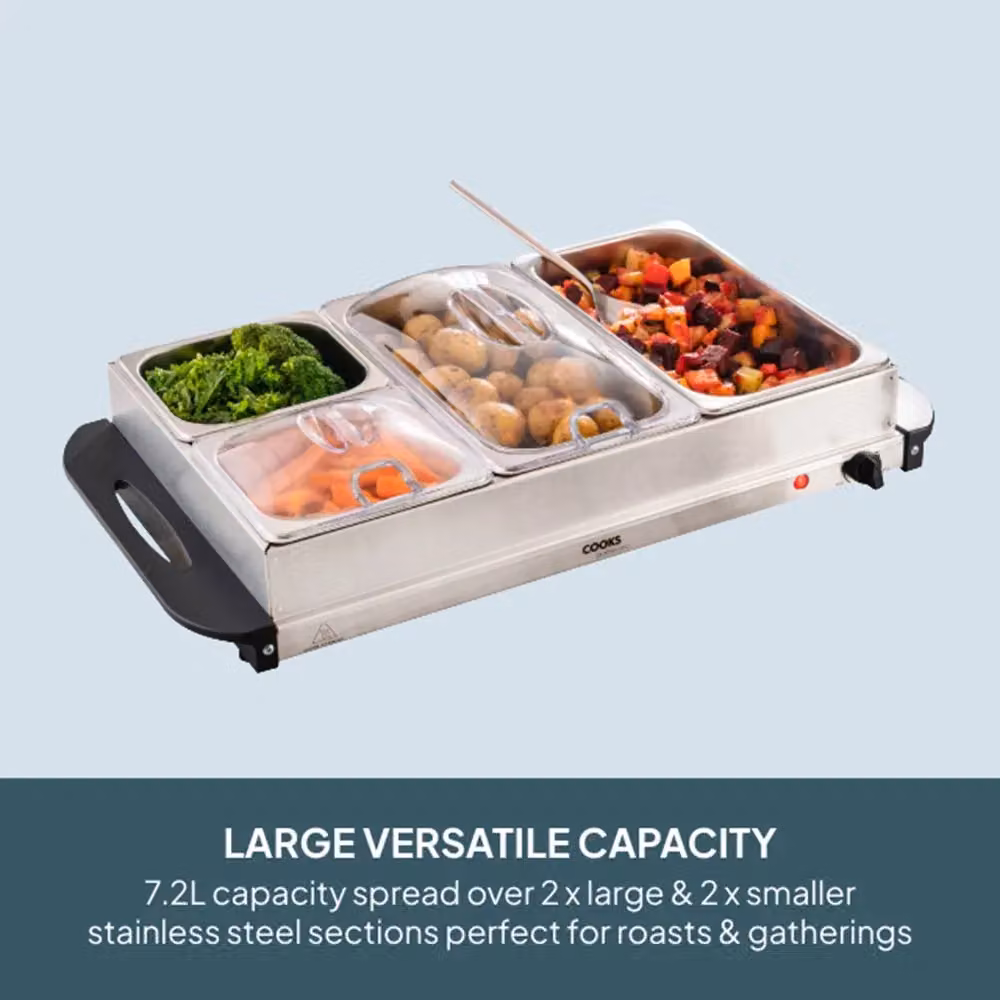 Cooks Professional 4-Section Buffet Warmer in Silver with Hotplate Function and Adjustable Temperature, 7.2L – 5