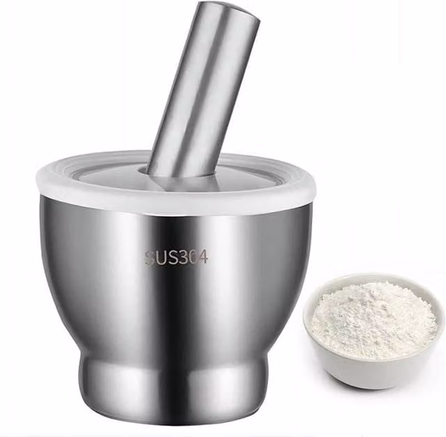 FLAVORA Silver Stainless Steel Garlic Mortar and Pestle Manual Crusher and Grinder with Anti-Splash Lid, Diameter: 10 cm