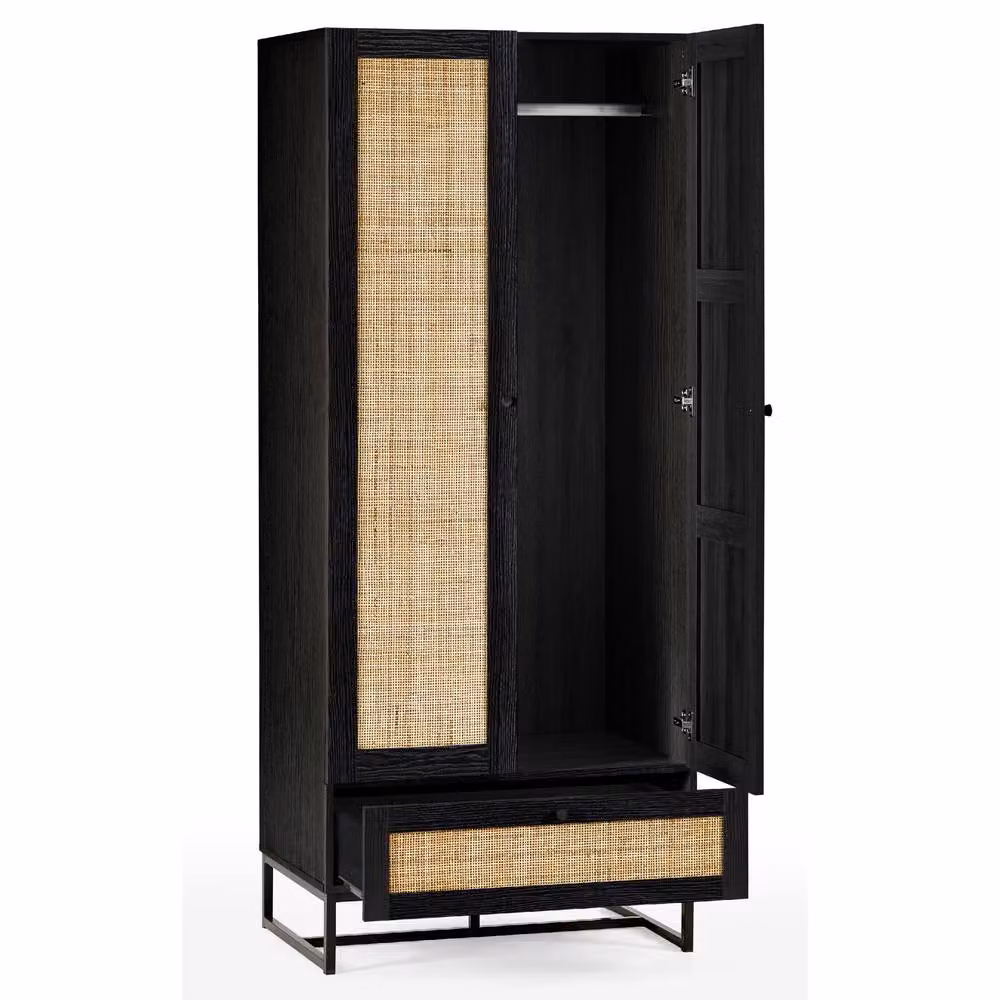 Cheshire Premium Trelawny Black Rattan Freestanding Wardrobe with Hinged Doors and Hanging Rod – 2