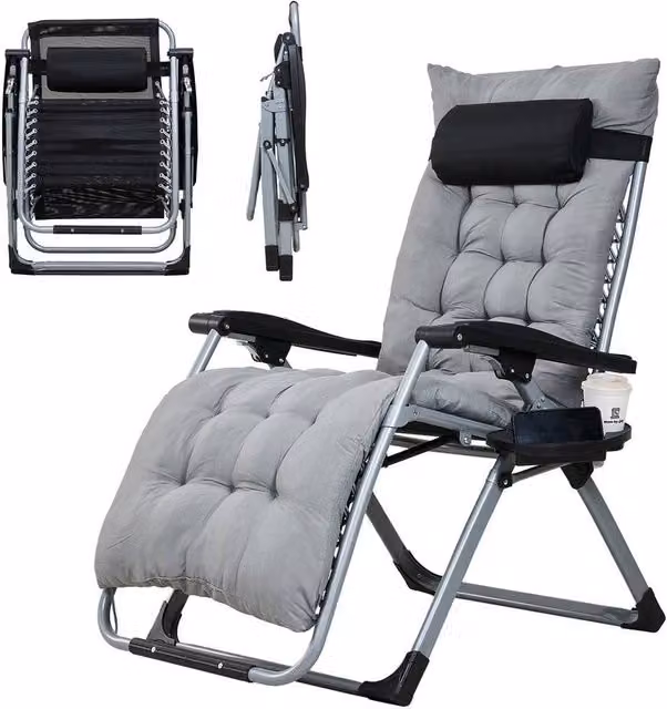 KORVIXA Grey Adjustable Zero Gravity Folding Reclining Garden Chair with Adjustable Headrest