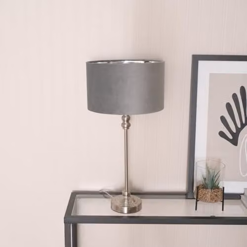 ValueLights Maggie Brushed Chrome Metal Candlestick Table Lamp with Grey Velvet Shade and Warm White Bulb – 2