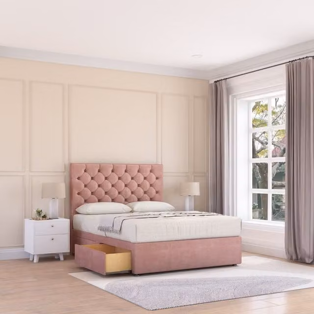 Sloomy Mayfair Super King Divan Bed Base with 2 Drawers and Floor Standing Chesterfield Headboard in Pink Velvet, W/D/H: 200 x 165 x 200 cm