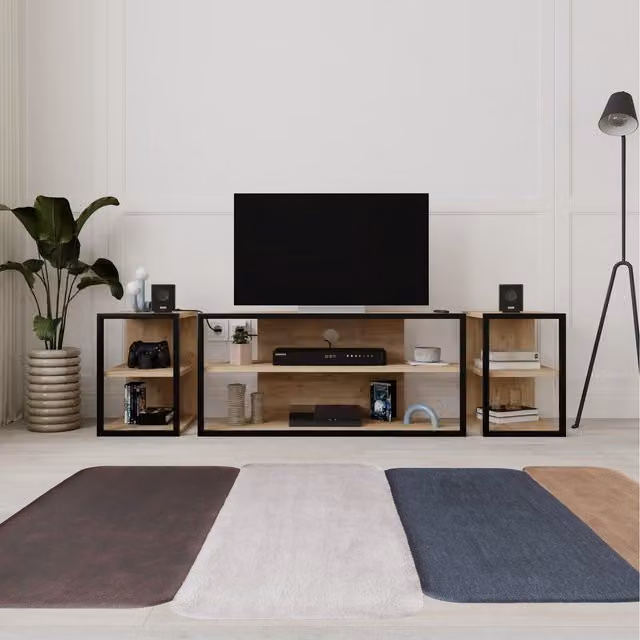 Decortie Echo Modern Industrial TV Unit Set with Metal Frame and Open Shelves and 2 Side Units in Oak