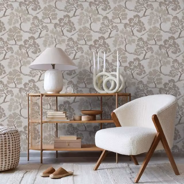 Graham & Brown Sublime Tree Floral Vinyl Wallpaper in White, Gold and Beige, Width: 52 cm – 1