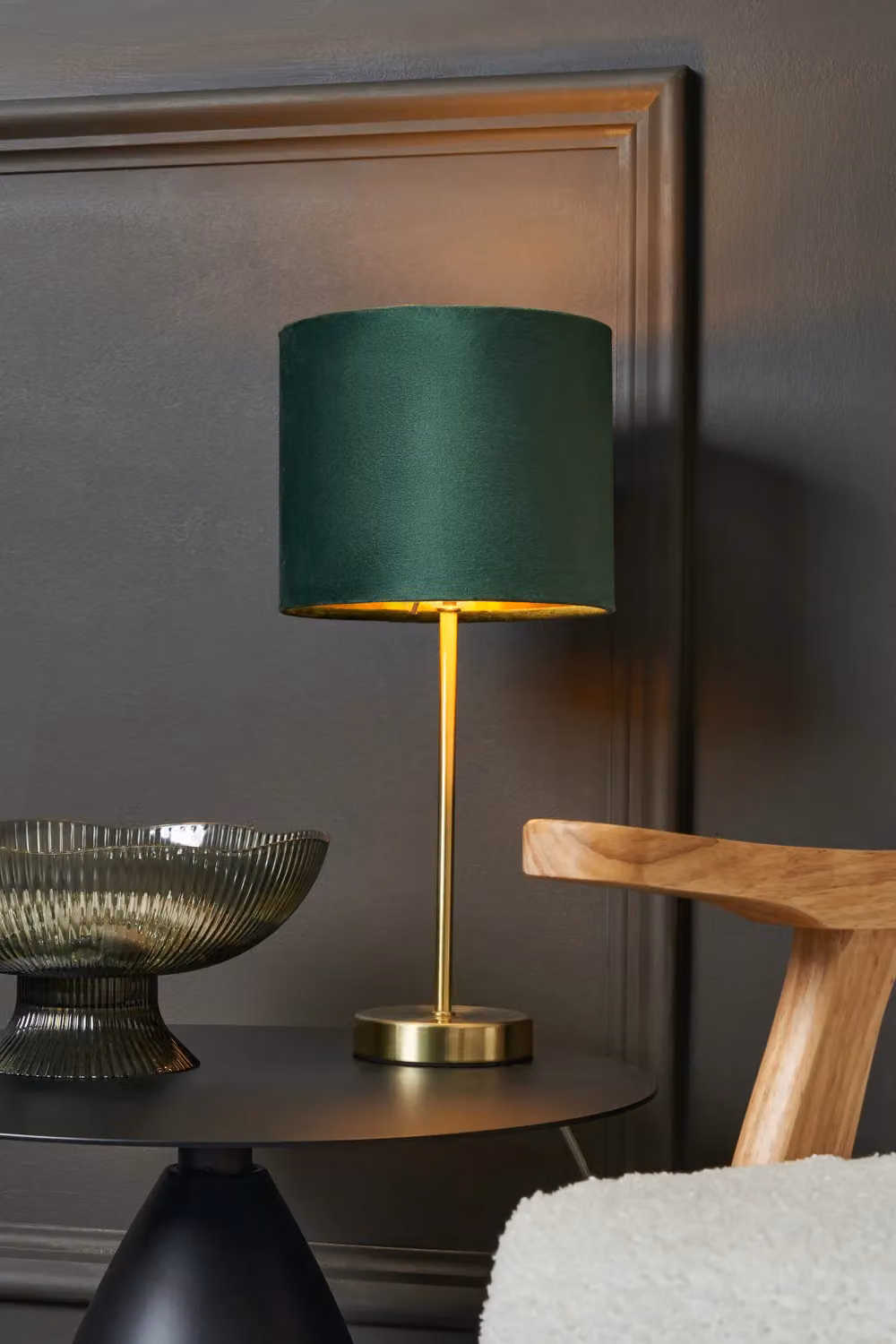 BHS Lighting Velvet Table Lamp in Green with Gold/Brass Base – 3