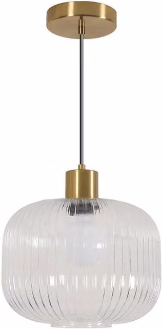 Goeco Modern Round Glass Pendant Light with Transparent Ribbed Shade and Gold Finish