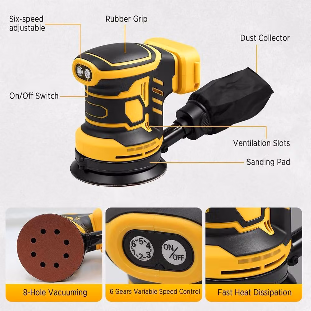 Ventryn 6-Speed 125mm Brushless Orbital Sander Tool for 18V Rechargeable Battery, Yellow/Multicolour – 3