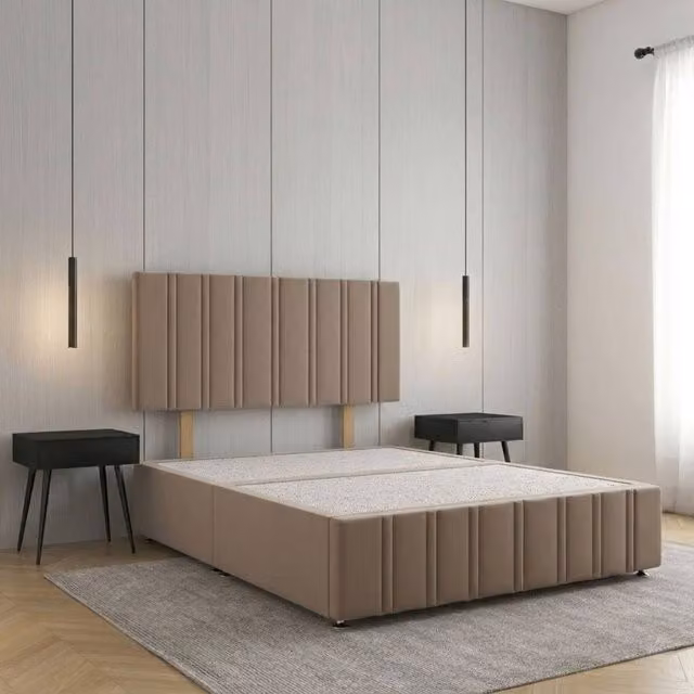 Regional Furnishings Plush Velvet Divan Bed with 24 inch Headboard and Footboard in Bronze, Super King, W/D/H: 200 x 200 cm