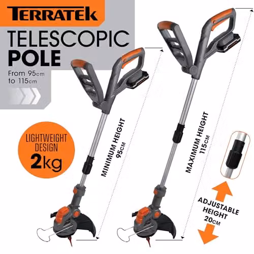Terratek 20V Cordless Telescopic Strimmer in Orange and Grey with Blade, 2x Rechargeable Batteries and Quick Charger – 3