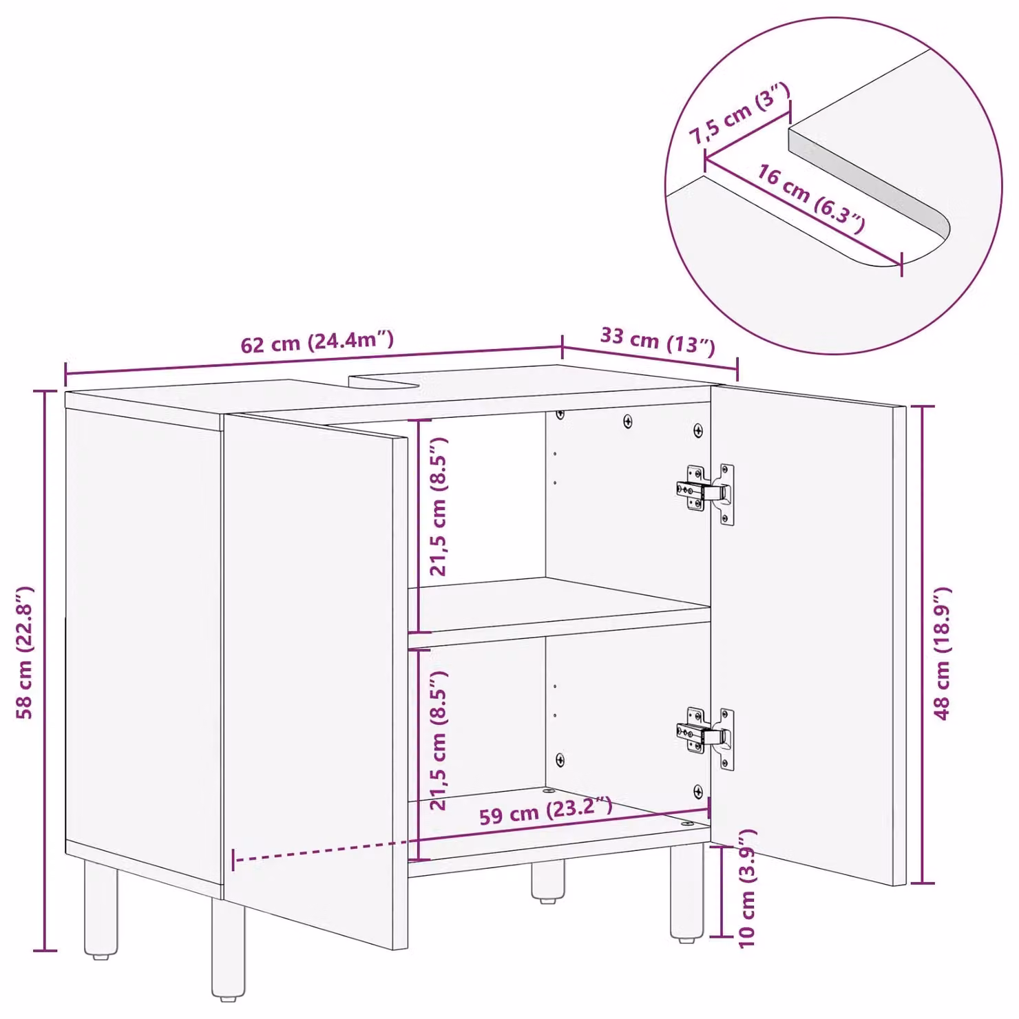 Berkfield Home Modern Bathroom Sink Cabinet in Brown Solid Acacia Wood W/D/H: 62 x 33 x 58 cm – 8