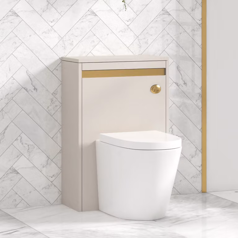 Orion Warm Taupe Wall Mounted WC Unit with Cesar Rimless Ceramic Toilet Pan, Seat and Cistern featuring Brushed Brass Accent Trim, Width: 54 cm