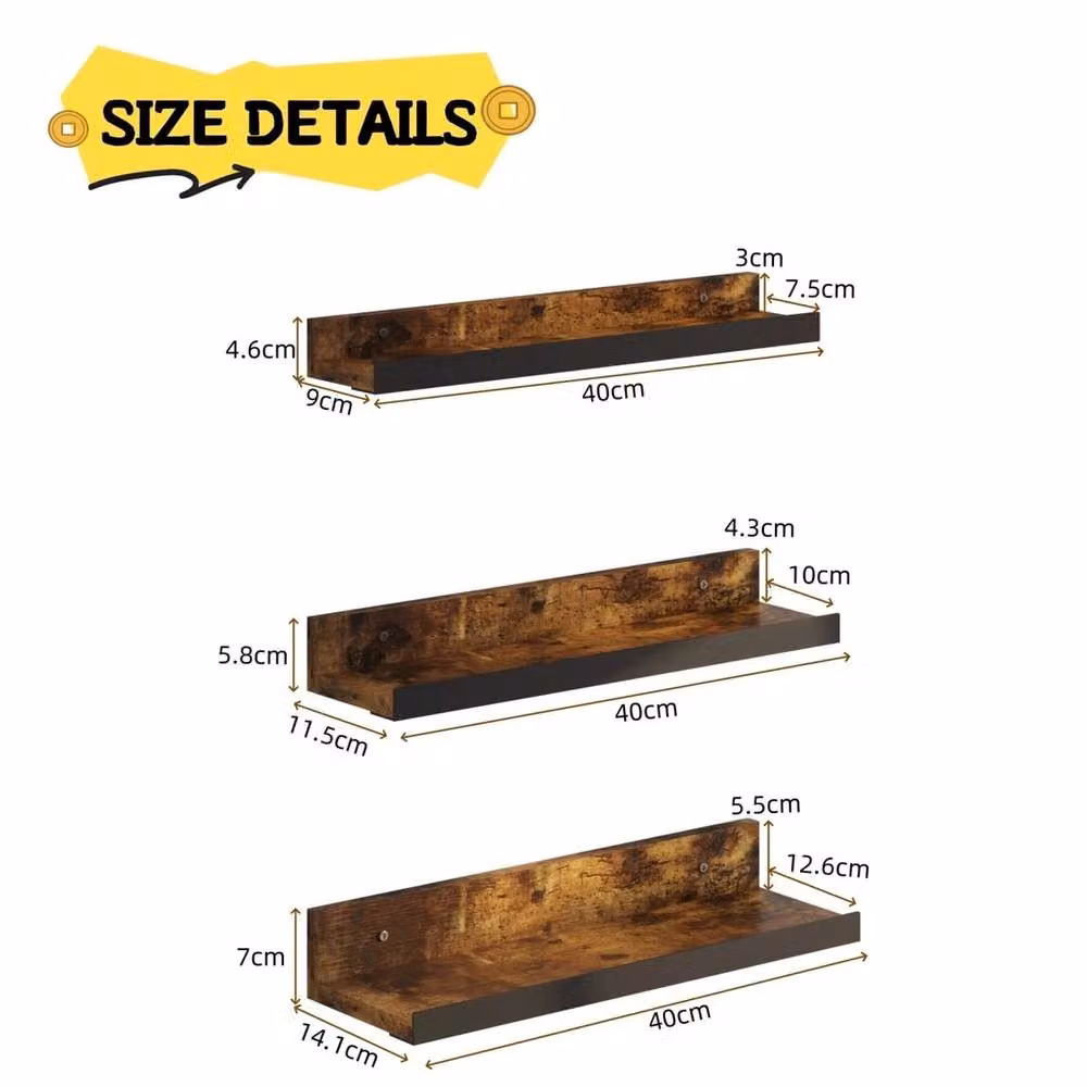 VOGREX Brown 3-Piece Industrial Wall Mounted Floating Display and Storage Shelves – 2