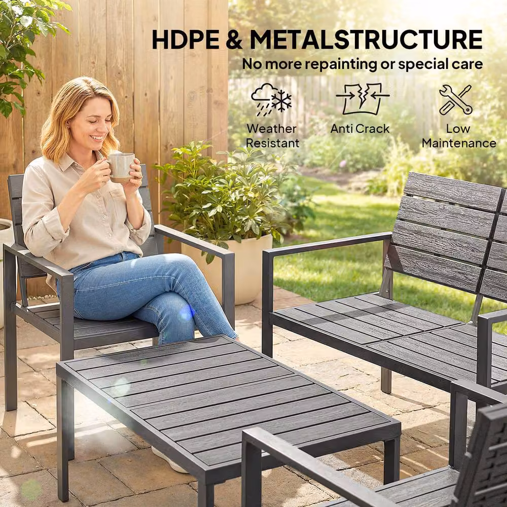 OUTSUNNY 4 Piece Grey Garden Furniture Set with Metal Frame, 2 Seater Sofa, Lounge Armchairs and Coffee Table – 4