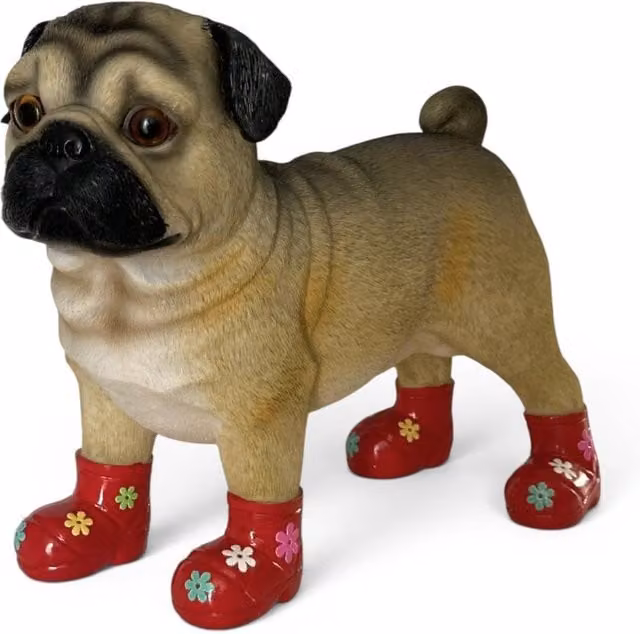 Animal Crackers Pug Dog Figurine in Red Welly Boots with Floral Decoration, Brown – 1