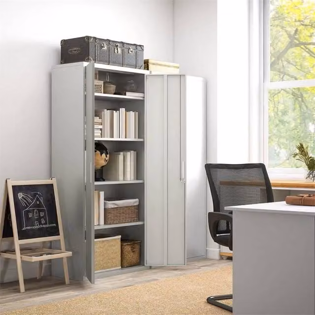Nordara White Metal Lockable 2-Door Cabinet with Adjustable Shelves, H 180 x W 80 x D 40 cm