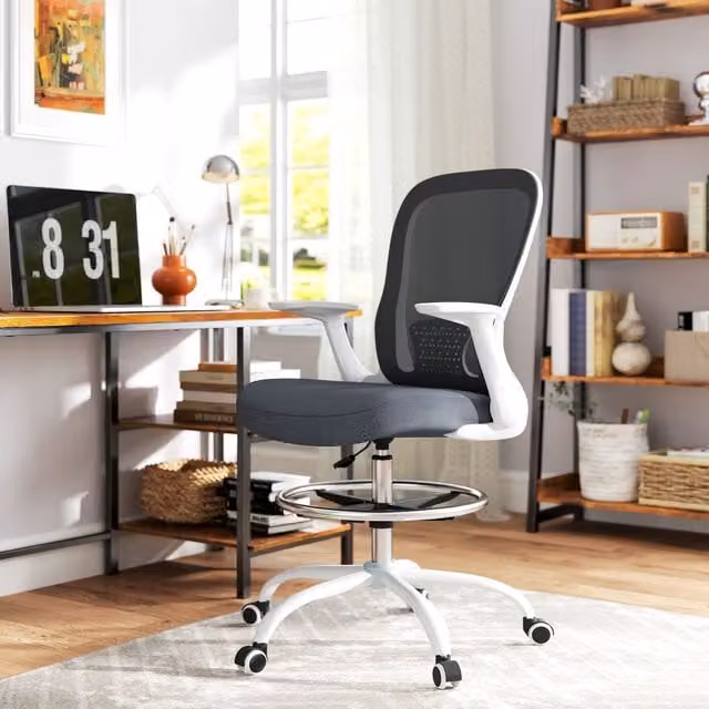 HOMCOM Grey Mesh Ergonomic Draughtsman Drafting Chair with Armrests and Foot Ring – 1
