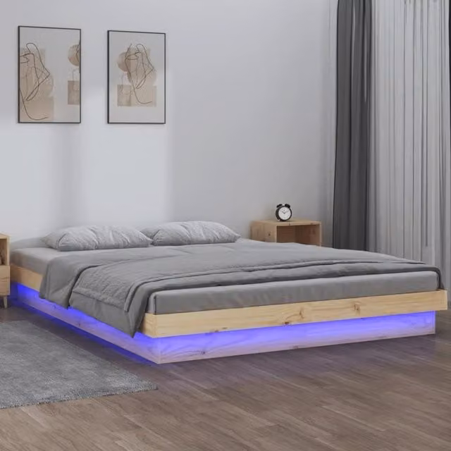 Berkfield Home Small Double Solid Wood LED Bed Frame with USB Charging Port, Brown, W/D/H: 120 x 190 cm – 1