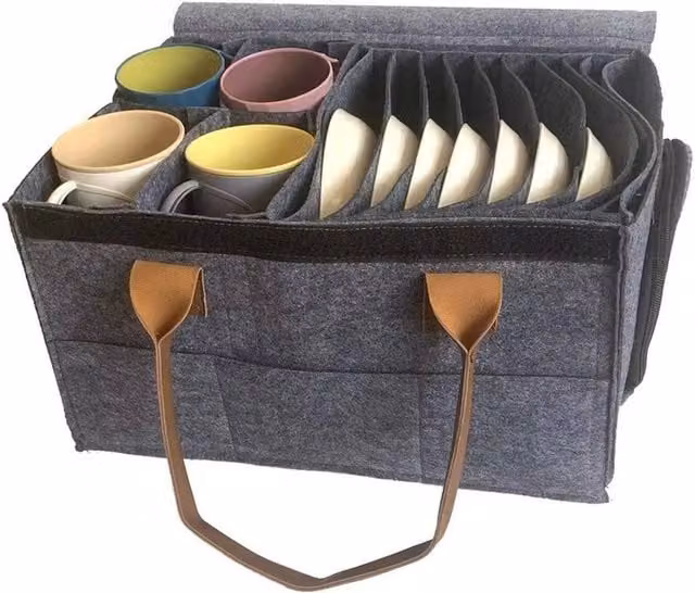 FLAVORA Caravan Felt Plate Holder and Tableware Organiser with Compartments, Grey – 1