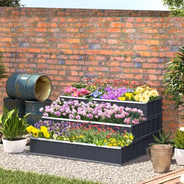 Outsunny 3 Tier Metal Raised Garden Bed in Anthracite Grey