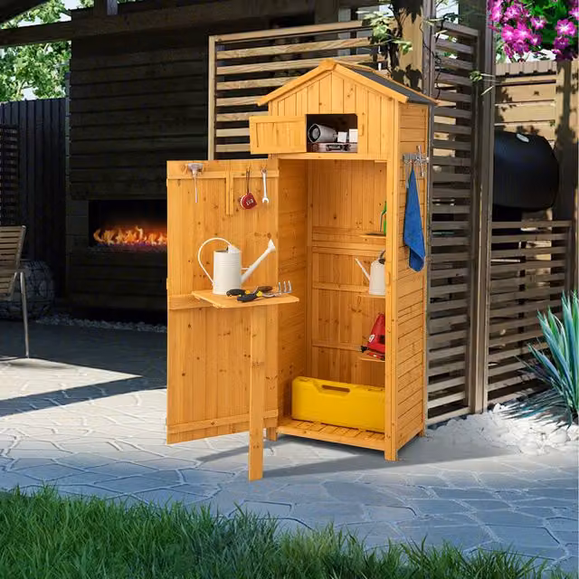 COSTWAY Brown Wood Tall Garden Storage Cabinet with Internal Shelving, H 180 x W 50 x D 50 cm