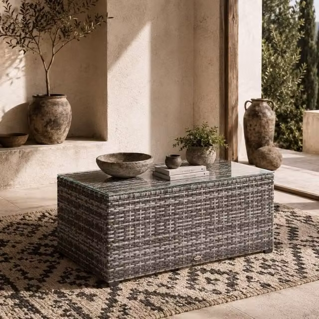 Wyld Haus Vimi Grey Rattan Side Table with Glass Top, Width: 90 cm