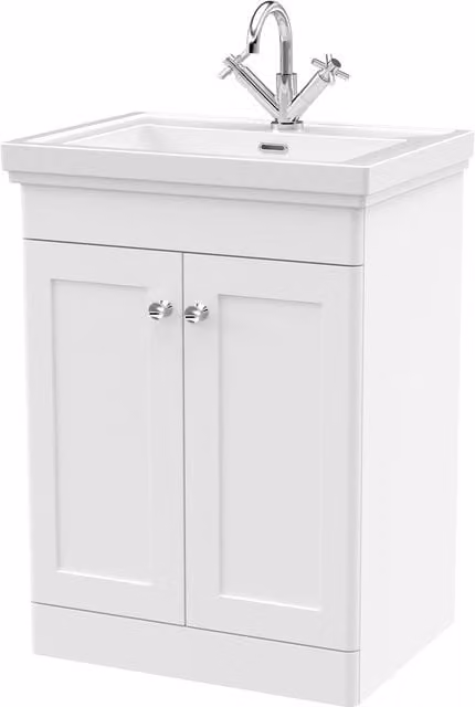 Balterley 2-Door Freestanding Bathroom Floor Vanity Unit with Fireclay Basin, Satin White, W: 60 cm, H: 86.5 cm – 1
