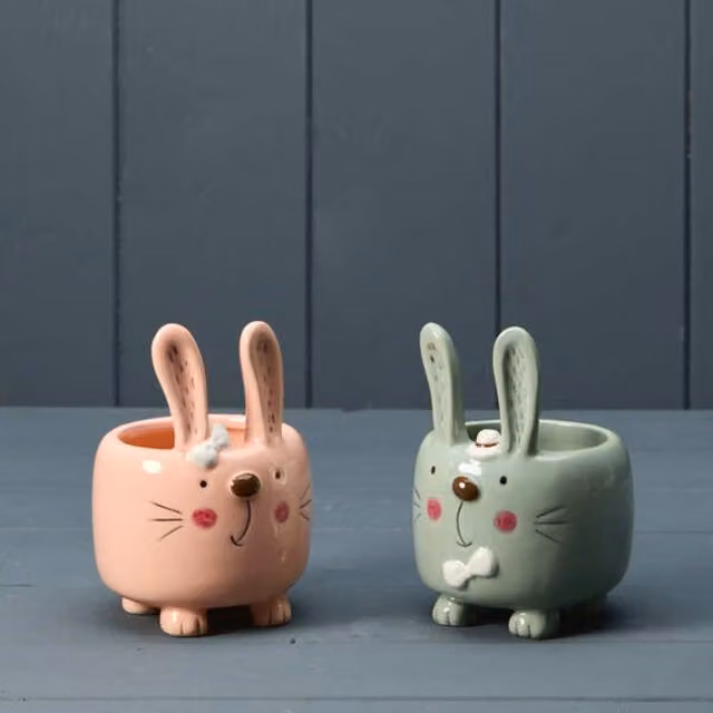 KDMD Ceramic Rabbit Pot in Pink and Green for Easter Tabletop Decor