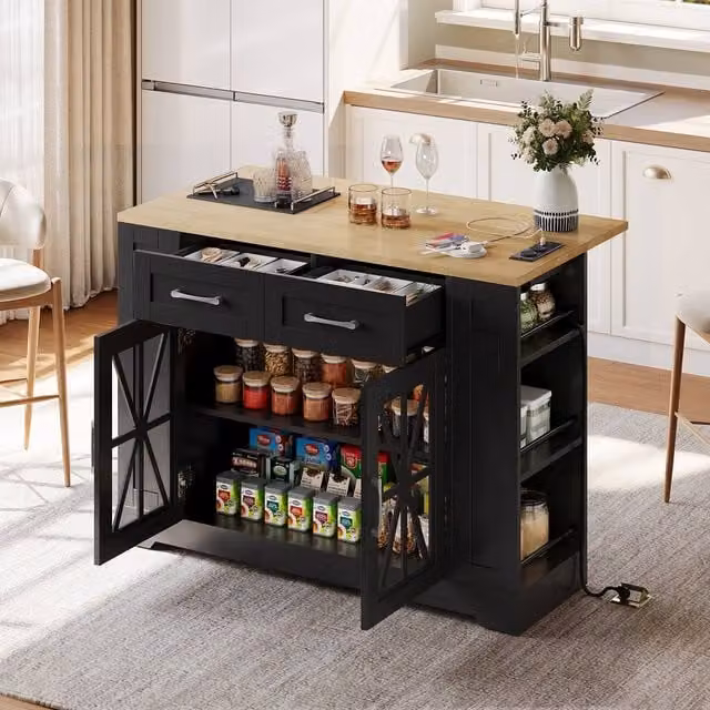 Matteo Mobile Kitchen Island with Foldable Top and Power Sockets, Black and Natural Wood, H 92.0 x W 65.0 x D 40.0 cm – 1