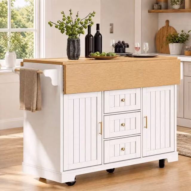 STILVORA White Kitchen Island with Drawers, Doors and Extendable Top