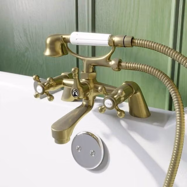Hinsinc Traditional Gold Brass Bath Shower Mixer Tap Set with Cross Handles and Handset Hose