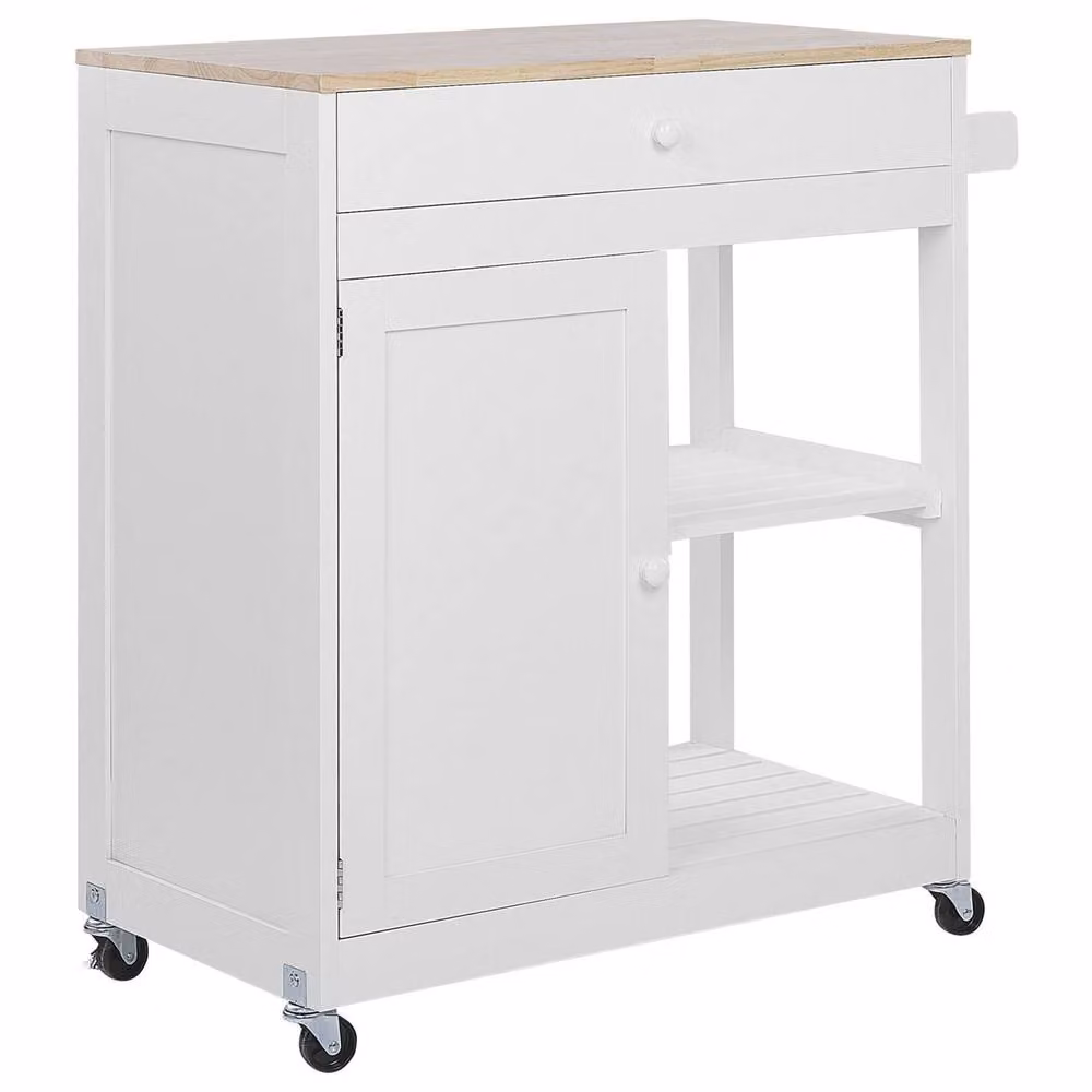 Wyld and Coco Kitchen Trolley in White MDF with Rubberwood Trim, W/D/H: 75 x 43 x 87 cm – 2
