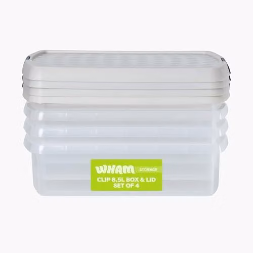 Wham 4 Pack Rectangular Stackable Plastic Storage Boxes with Lids, 8.5L, Transparent/Beige