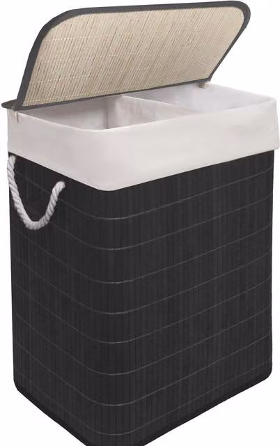 MantraRaj 105L Bamboo Laundry Basket with Lid and Two Compartments, Black and Grey – 5