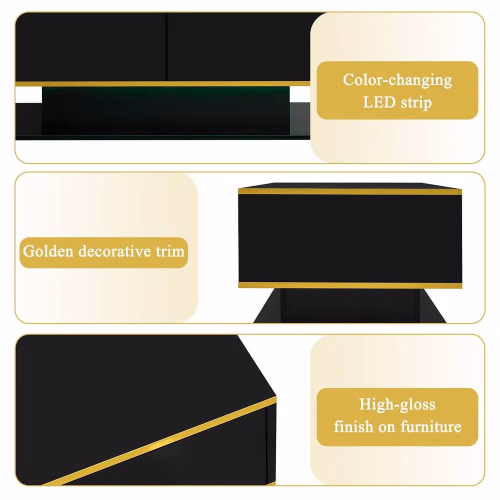 Merax Modern High-Gloss Coffee Table with Gold Accents and LED Lighting in Black and Gold, W/D/H: 100 x 50 x 40 cm – 7