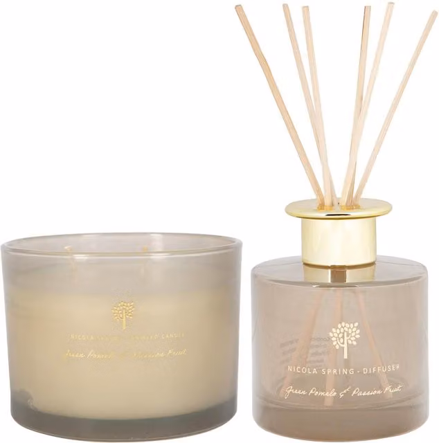 Nicola Spring Scented Candle and Reed Diffuser Set in Green Pomelo and Passion Fruit, Grey and Transparent
