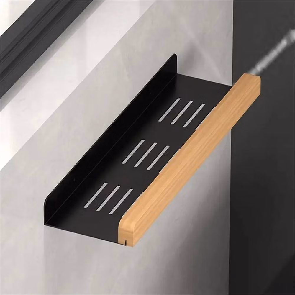VOGREX 2-Pack Wall Mounted Bathroom and Kitchen Organiser Racks in Black Matt Wood and Metal – 2