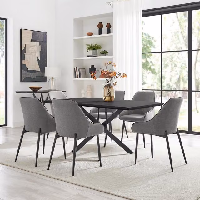 FurnitureboxUK Leonardo Black Top Dining Table with 6 Beaumont Grey Fabric Chairs
