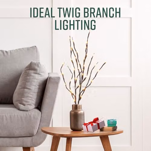 Globrite 2 Pack Brown LED Twig Branch Lights with 20 Warm White LEDs, Battery Powered Decorative Branches for Christmas and Autumn Indoor Décor – 2