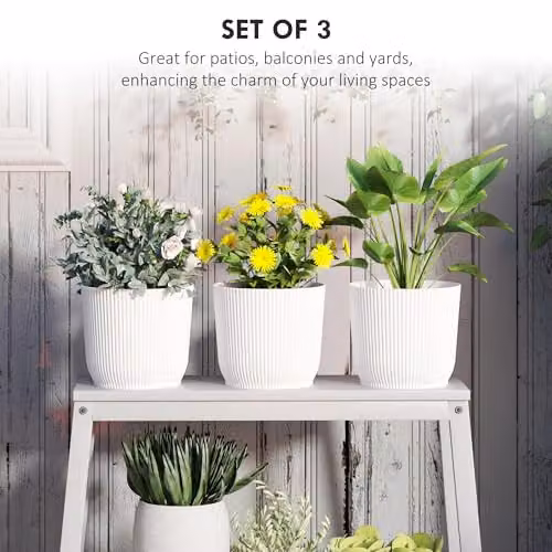 Outsunny Set of 3 White Plastic Round Plant Pots and Garden Planters, Diameter: 22 cm – 3