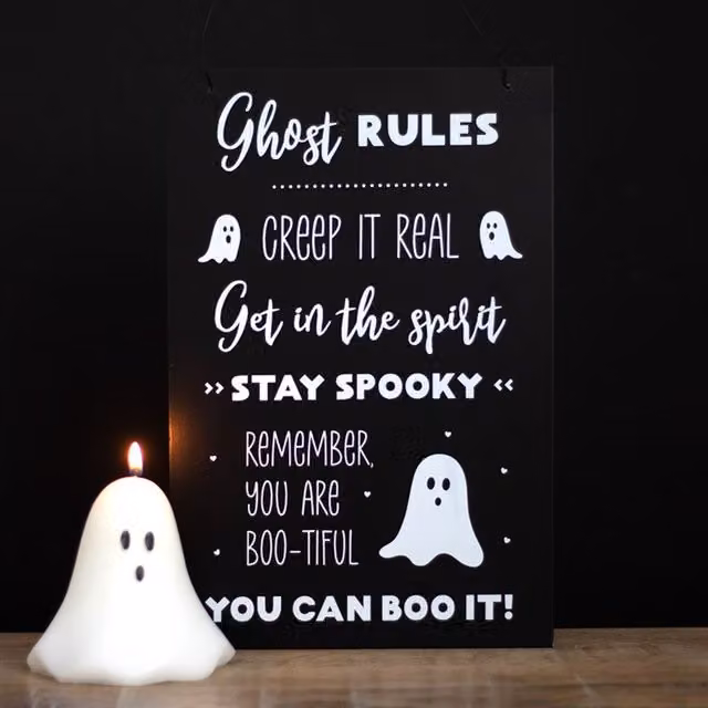 KDMK Ghost Rules Hanging Sign, Black Rectangular Halloween Decoration