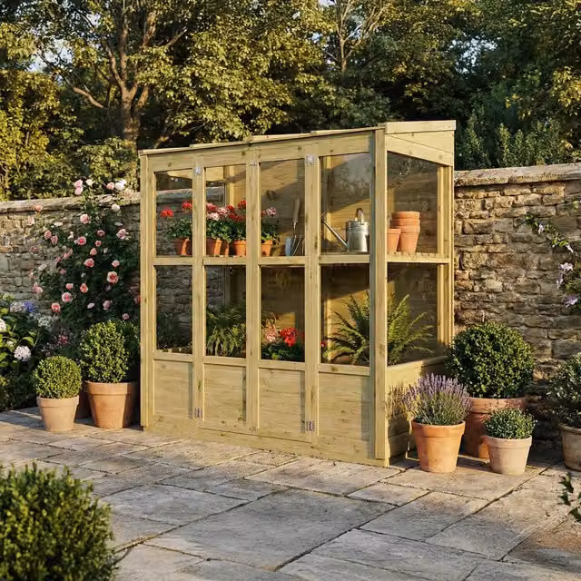 Mercia Traditional Tall Wall Lean-to Wooden Greenhouse, Brown, W: 177.8 cm, D: 91.44 cm, H: 193.2 cm