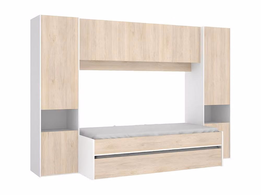 Vente-unique Single Trundle Bed with Overbed Storage Unit in Oak and White, W/D/H: 90 x 190 x 103 cm – 2