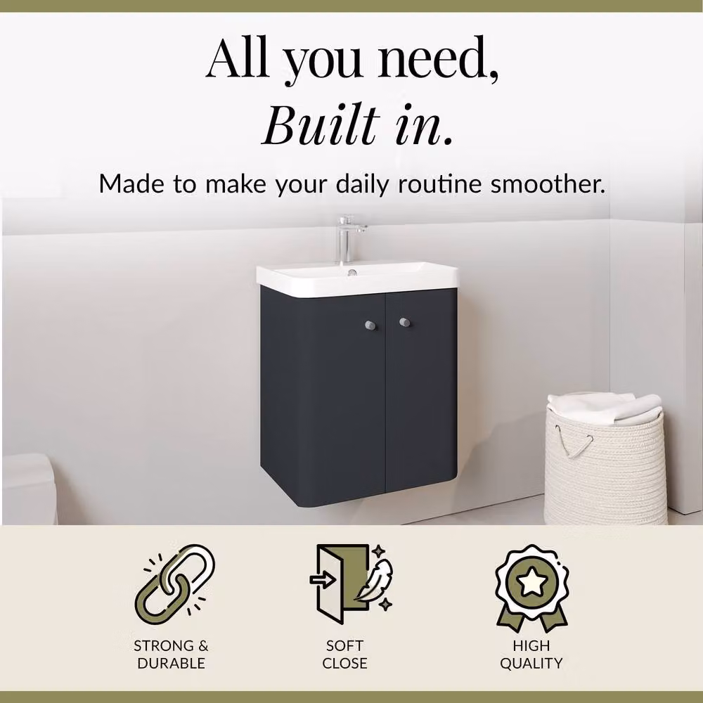 Balterley Wall Hung 2 Door Modern Bathroom Vanity Unit with Ceramic Sink in Matt Dark Grey, Width: 50 cm – 2