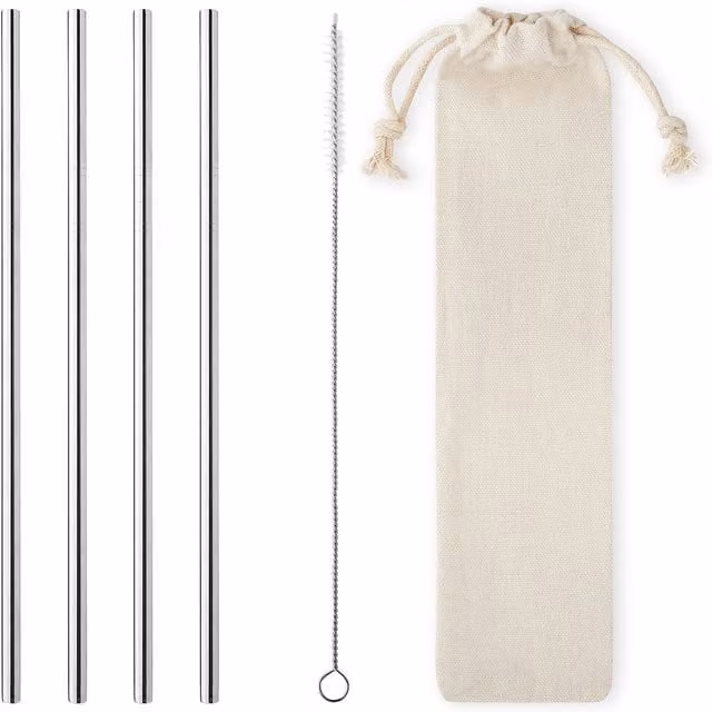 UltraByEasyPeasyStore Reusable Stainless Steel Straight Metal Straws Set in Silver with Travel Pouch and Cleaning Brushes, 12 Pack
