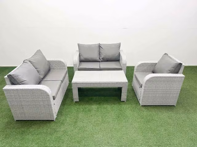 Fimous High Back Poly Rattan Garden Furniture Set in Light Grey with Reclining Chair, Loveseat Sofa and Oblong Coffee Table