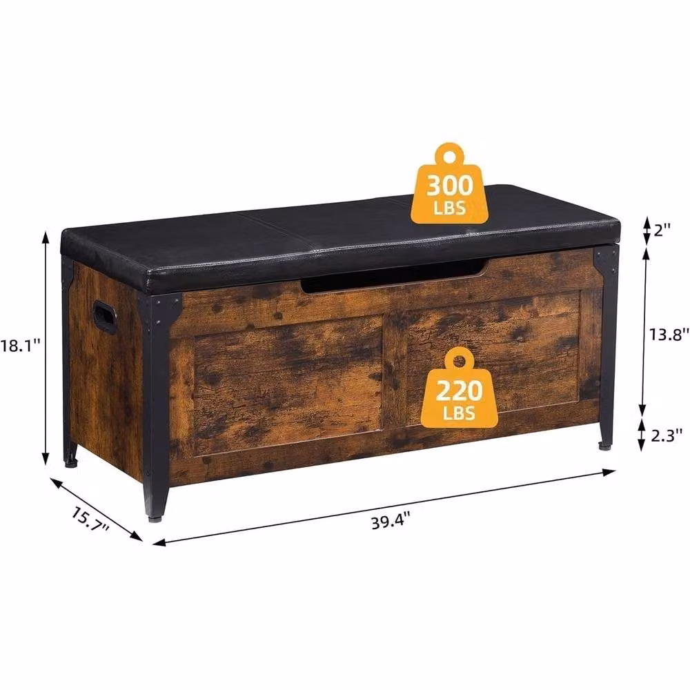 VOGREX Brown Wooden Shoe Storage Bench with Synthetic Leather Cushion Seat for Hallways – 2