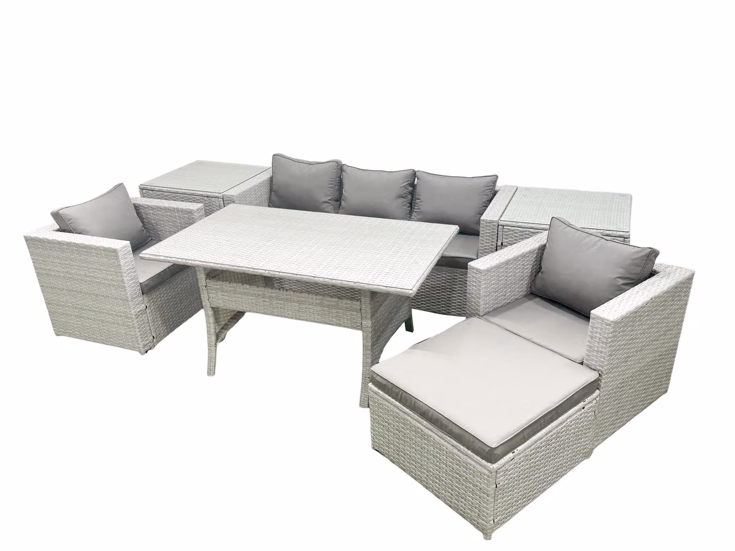 Fimous Garden Dining Set Outdoor Rattan Furniture Set with Sofa, Dining Table, 2 Chairs, Big Footstool and 2 Side Tables in Light Grey – 2